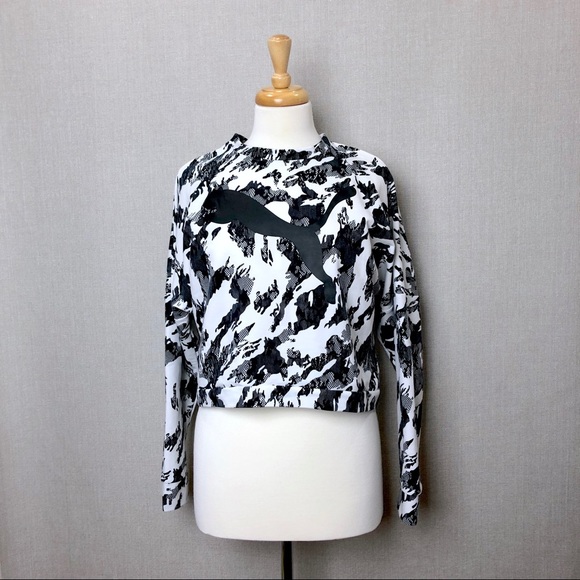 Puma Tops - PUMA Black Lace Print Rebel Crop Sweatshirt Sz M